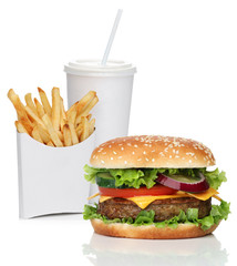 Hamburger with french fries and a cola drink, isolated on white