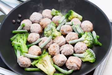 Meatballs, broccoli and spinach stir-fried