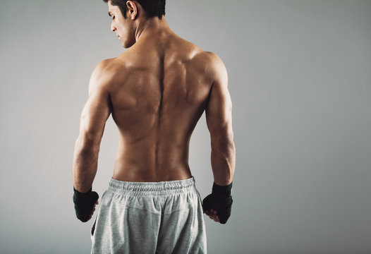 Rear view of strong young male boxer