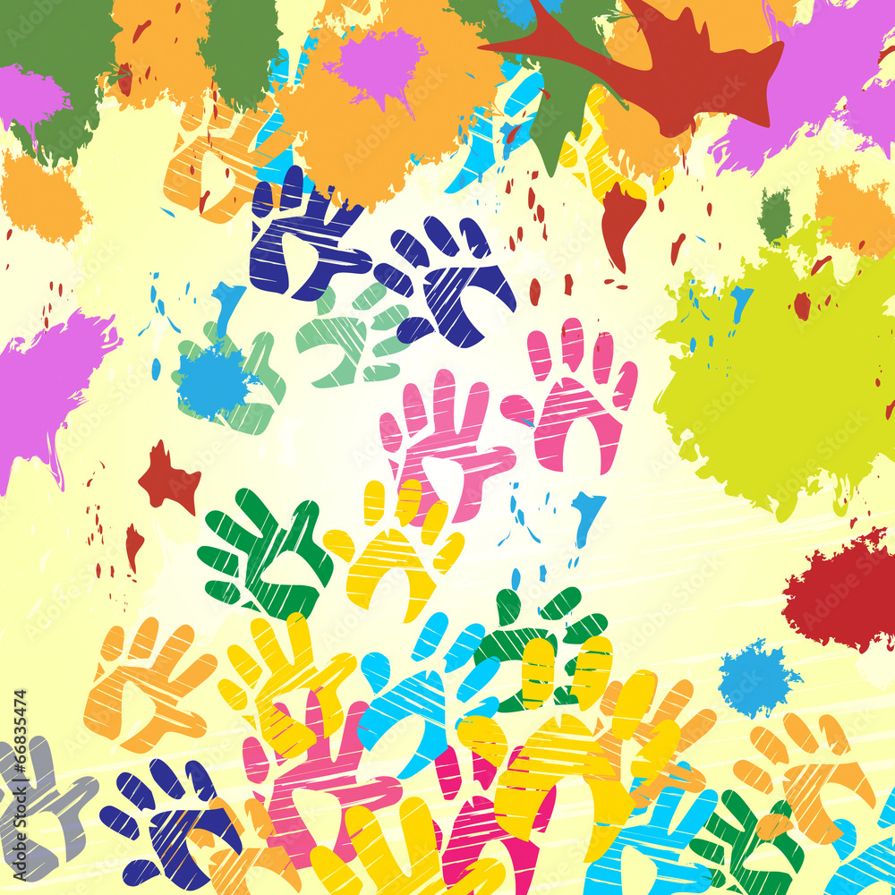 Poster splash handprints indicates colorful blobs and human