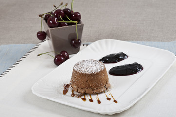 Chocolate flan with cherries