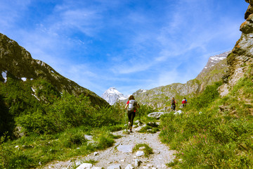 Obraz premium Amici fanno trekking in montagna