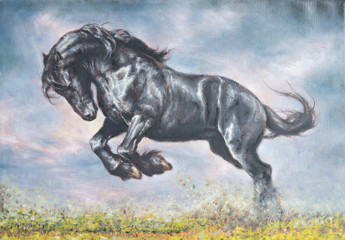 Fototapeta na wymiar dipinto di un cavallo tra una distesa d'erba
