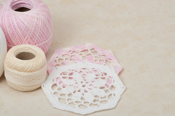 Crochet Lace And Threads. Natural Linen Background