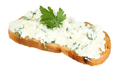 Sandwich with cottage cheese and greens isolated on white
