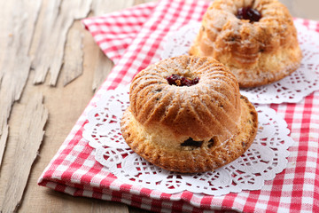 Tasty cakes on table close-up