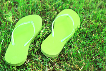 Fototapeta premium Bright flip-flops on green grass