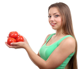 Beautiful girl with tomato, isolated on white