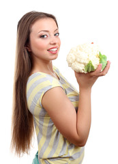 Beautiful girl with cabbage, isolated on white
