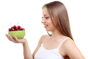 Beautiful girl with cherry, isolated on white