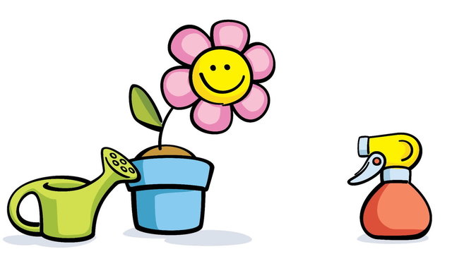cartoon flower in pot with watering can and sprayer
