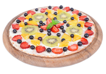 Sweet pizza with fruits isolated on white