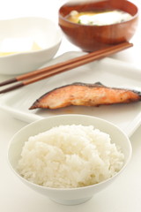 Japanese food, grilled salmon fish and rice for breakfast image