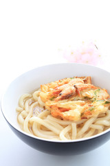 Japanese food, shrimp tempura on Udon noodles