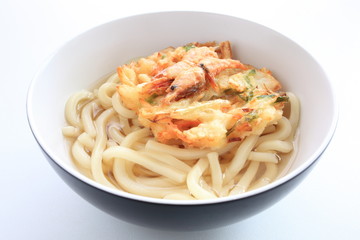 Japanese food, shrimp tempura on Udon noodles