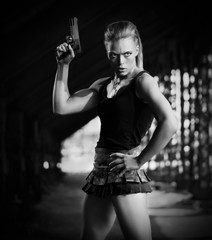 Woman in uniform with gun (monochrome ver)