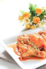 Mediterranean food, simmered chicken and tomato