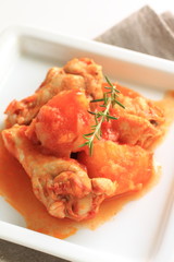 Mediterranean food, simmered chicken and tomato
