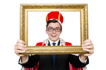 Man with picture frame isolated on the white