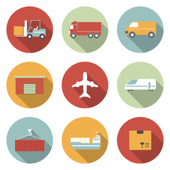 Vehicle, transport and logistics vector flat icons.