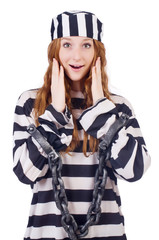Prisoner in striped uniform on white