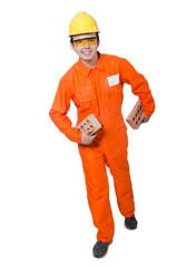 Man with brick isolated on white