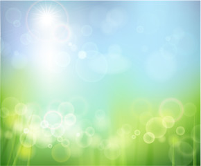 Obraz premium Vector Natural Green Background with Sun and Abstract Grass