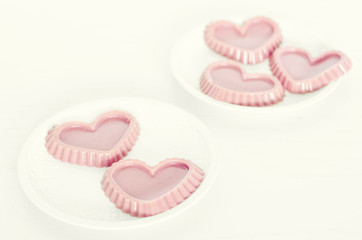 Sweet dessert. Delicious strawberry pudding. Valentine day