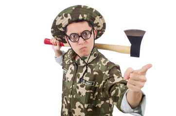 Funny soldier with the axe isolated on white