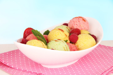 Delicious ice cream in bowl closeup