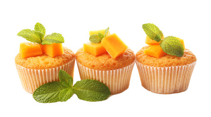 Tasty pumpkin muffins, isolated on white