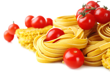 Raw homemade pasta and tomatoes, isolated on white