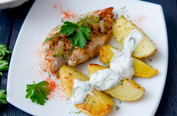 grilled chicken breast with roasted potatoes