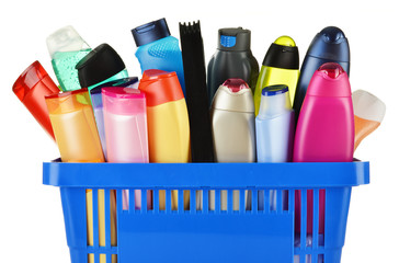 Plastic shopping basket with body care and beauty products