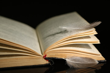 Feather lying on pages of  open book, isolated on black