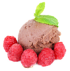 Chocolate ice cream with mint leaf and raspberries, isolated