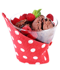 Chocolate ice cream with mint leaf and  ripe berries in glass
