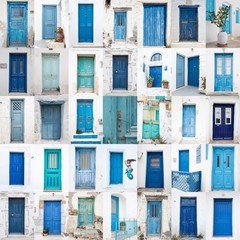 Collage griechischer Holz Türen: blau, türkis, grün