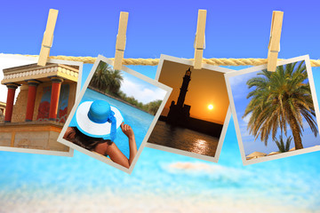 Photos of Crete island hanging on a rope in front of the sea