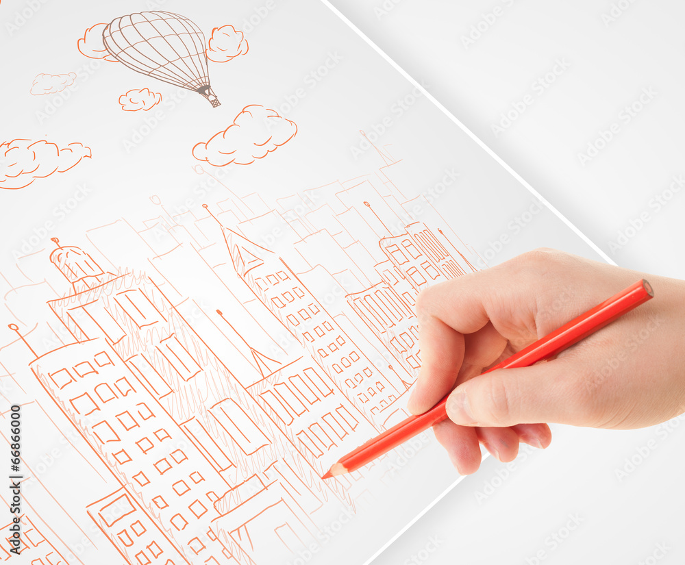 Aufkleber a person drawing sketch of a city with balloons and clouds on a