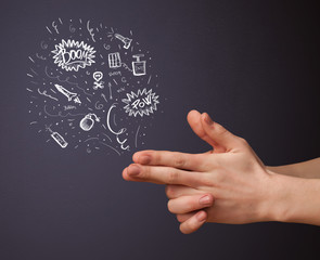 Fototapeta premium Sketched explosives coming out of gun shaped hands