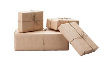 Boxes wrapped with brown kraft paper isolated on white backgroun