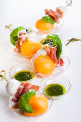 melon,mozzarella and prosciutto on skewers