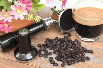 Hot coffee and coffee making equipment with flower clay pot.