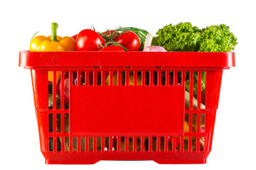 red plastic basket full of healthy vitamins
