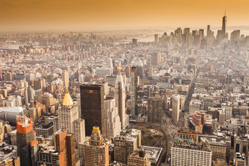 Aerial view of Manhattan skyline at sunset, New York City