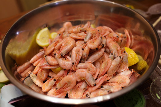 Boiled shrimp in metal plate