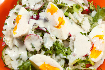 Salad with egg, radish and cucumber.