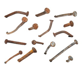 set old rusty metal nail isolated on white, design elements