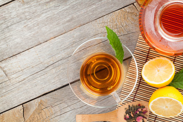 Green tea with lemon and mint on wooden table